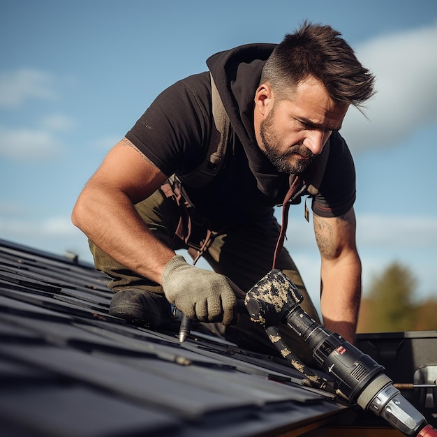 Roofer Uses Nail Gun to Secure Shingles Ultra Realistic