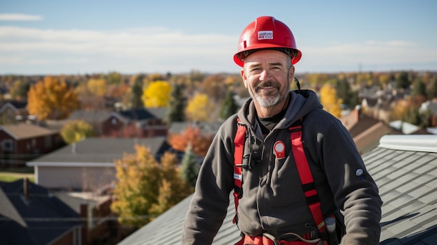 Photo roofing services with a woman the man is looking the camera worker with a red helmet