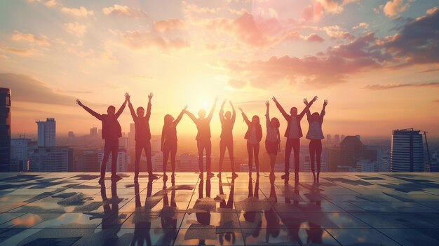 Photo rooftop celebration group photo happy people on building top