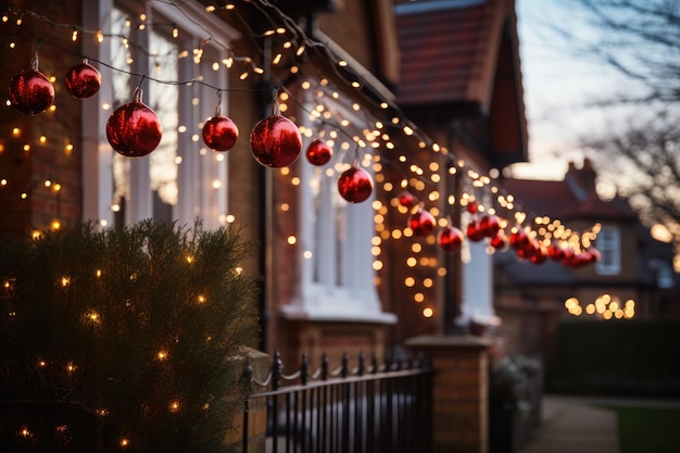 Photo rooftop christmas fairy lights illuminating a tranquil residential street