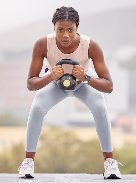 Rooftop fitness kettlebell and black woman training for sports body motivation and urban workout in the city of Turkey Exercise strength training and portrait of an African athlete with weights