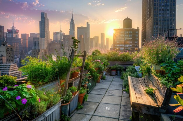 A rooftop garden in the city at sunrise