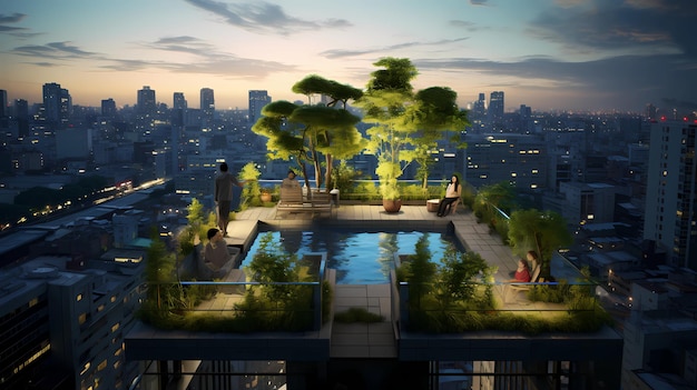 A rooftop garden oasis atop a city skyscraper