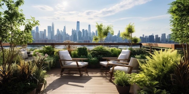Rooftop Garden Oasis Urban Escape Lush Greenery Skyline Serenity