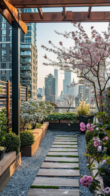 Rooftop garden in spring bloom urban oasis