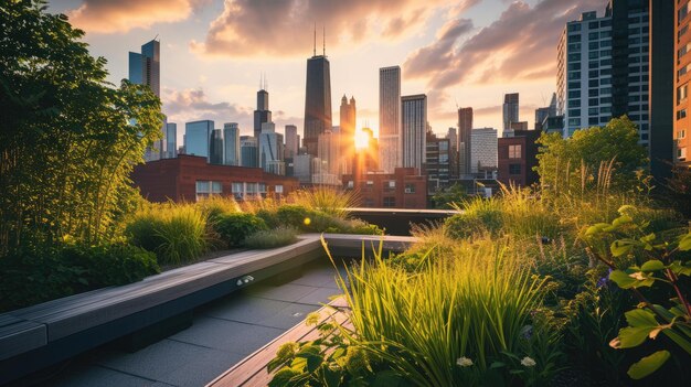 Foto terrazza giardino sul tetto con skyline urbano a sunset resplendent