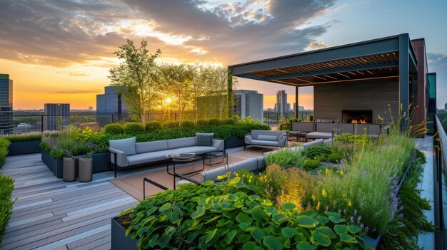 Rooftop garden terrace with urban skyline at sunset resplendent