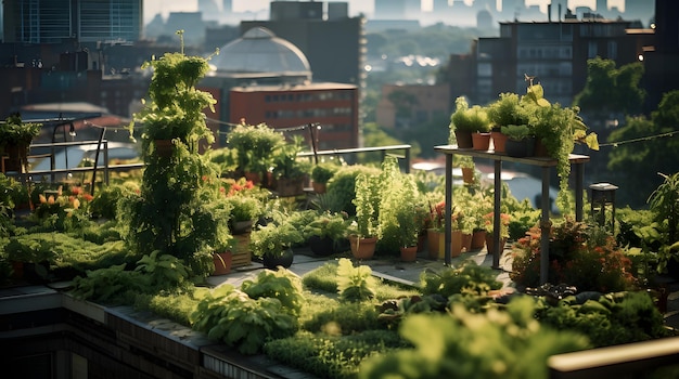 Photo a rooftop garden in an urban setting utilizing space for greenery