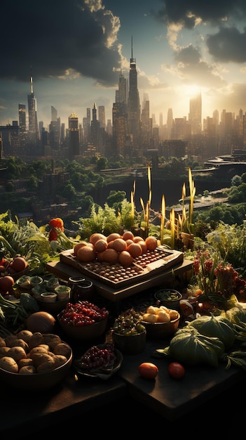 A rooftop garden with fruits and vegetables growing