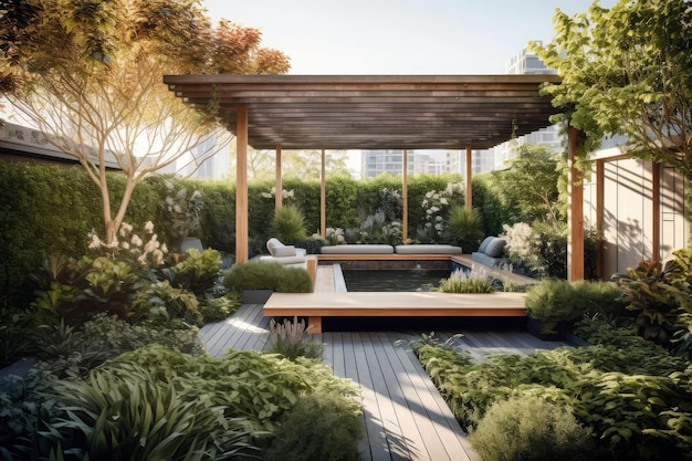 Rooftop Garden With Serene Water Feature And Shaded Seating Sustainability And Conservation Generative AI