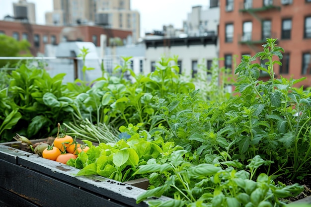 Photo a rooftop garden with various vegetables and herbs city buildings on background