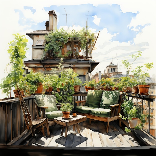Rooftop gardens in watercolor style AI generate illustration