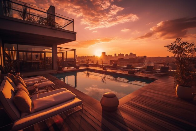 Rooftop hotel with swimming pool and beautiful sunset in the evening generative ai