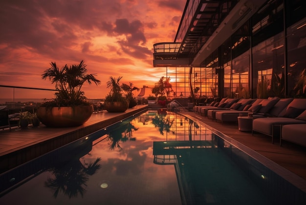 Foto hotel sul tetto con piscina e bellissimo tramonto serale