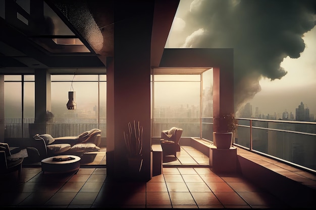 Rooftop lounge with view of the city and puffs of smoke coming from the windows