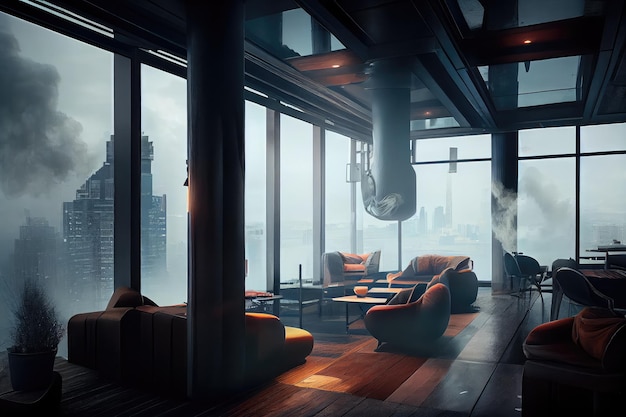 Rooftop lounge with view of the city and puffs of smoke coming from the windows