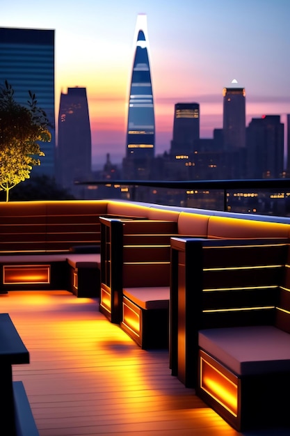 Rooftop patio with a city skyline at dusk