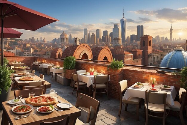 Rooftop Pizzeria Dining City Skyline Brick Ovens Authentic Italian Flavors