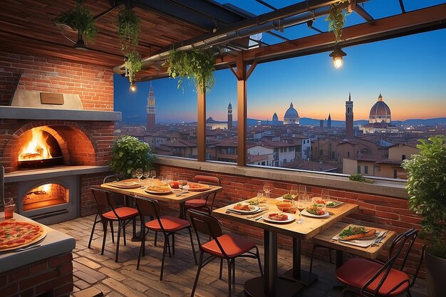 Rooftop Pizzeria Dining City Skyline Brick Ovens Authentic Italian Flavors