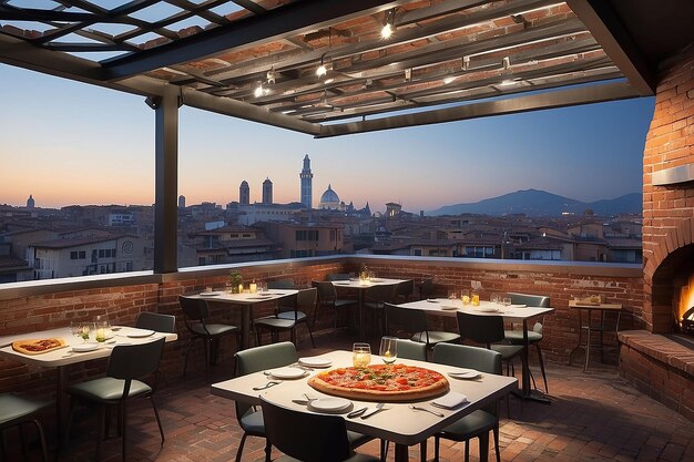 Photo rooftop pizzeria dining city skyline brick ovens authentic italian flavors