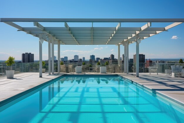 Photo rooftop pool flanked by glass shield and concrete pillars