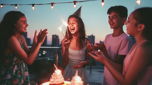 Photo rooftop revelry a girls joyful birthday celebration with friends