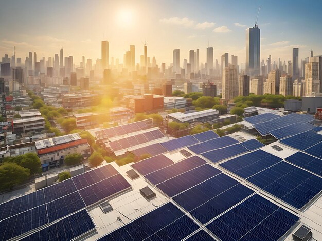 Rooftop Solar Panels Powering a Thriving Metropolis with Clean Energy ai generated