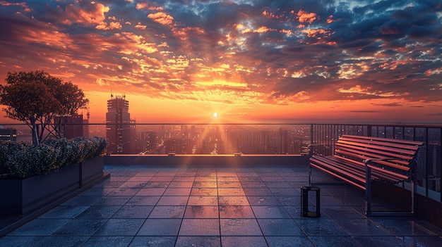 Rooftop Study Area Sunset Bench Tiled Floor Tranquil Scene