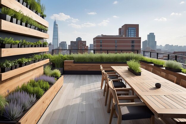 Rooftop terrace featuring a builtin herb garden or vertical planters providing fresh ingredients for rooftop dining and cooking