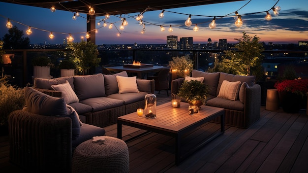 The rooftop terrace of a stunning home presenting a nighttime vista of the cityscape the perspecti