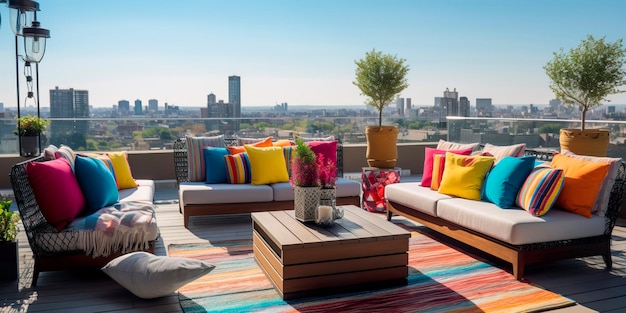 rooftop terrace transformed into a chic outdoor living room with panoramic city views and cozy seating