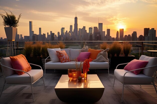 Rooftop terrace with modern furniture and cityscape backdrop created with generative ai