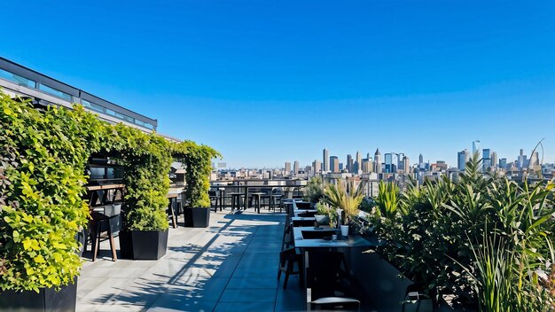 a rooftop terrace with a view of the city skyline