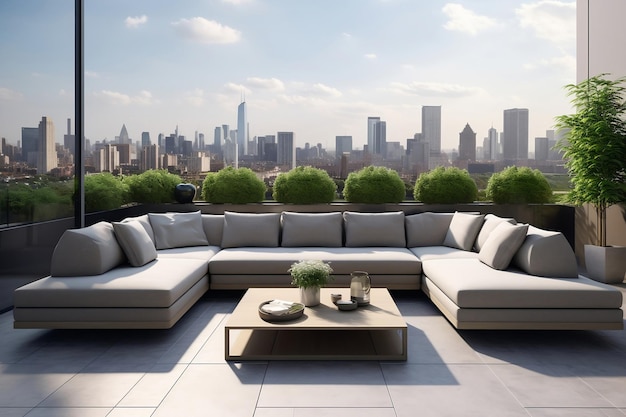 A rooftop terrace with a view of the city skyline.