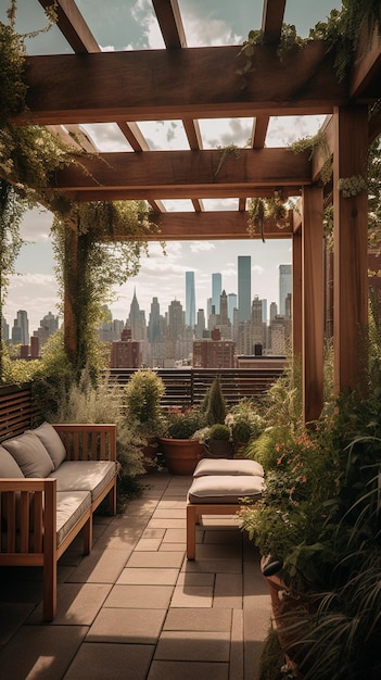 A rooftop terrace with a view of manhattan in the background.