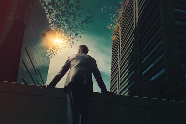 rooftop thinking and back of businessman in city at night with ideas or planning with fantasy brainstorming outdoor and professional male architect with futuristic buildings in urban town