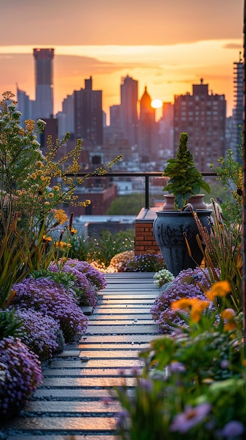 Photo rooftop urban garden with soft edges of greenery and skyline