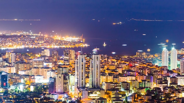 Rooftop view of Bosphorus and Istanbul cityscape and Golden horn at night