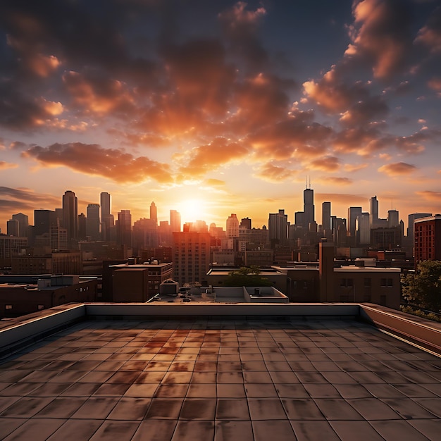 A rooftop view of a city skyline at sunset colorful photography photorealistic cinematic 8k