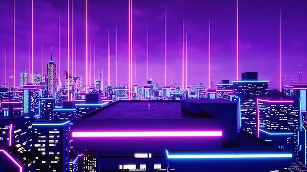 rooftop view in metaverse city 3d render