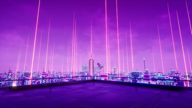 Rooftop view in metaverse city 3d render