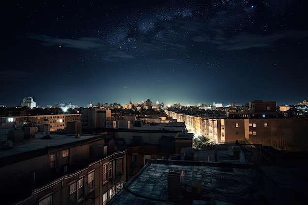 Rooftop view of night sky with stars shining brightly and the moon casting its glow over the city