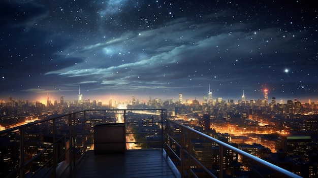 Rooftop view of night sky with stars shining