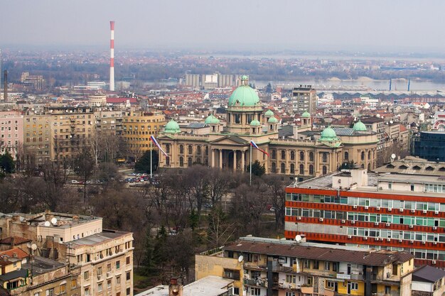 Rooftop view of Serbian capital Belgrade with the National Parliament building