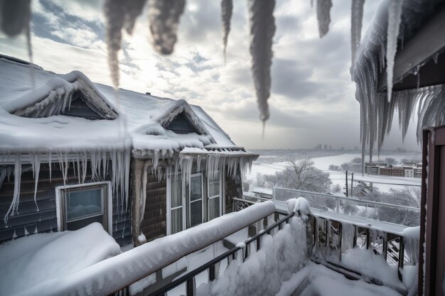 Rooftop view of stormy sky and blizzard with icicles hanging from the roof