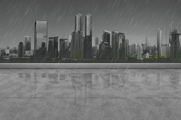 Rooftop view with modern cityscapes and rainy background