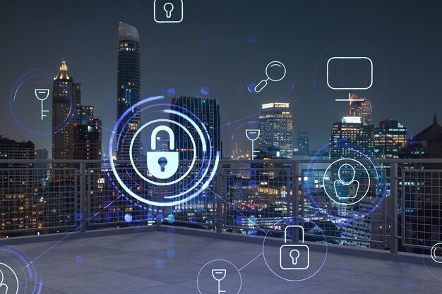 Rooftop with concrete terrace bangkok night skyline cyber
security concept to protect clients confidential information it
hologram padlock icons city downtown double exposure