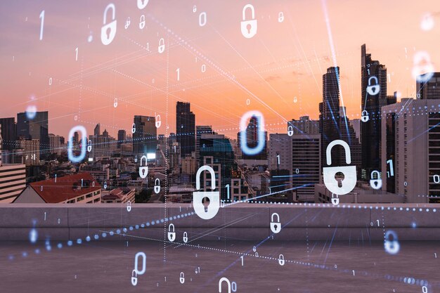 Rooftop with concrete terrace bangkok sunset skyline cyber\
security concept to protect clients confidential information it\
hologram padlock icons city downtown double exposure