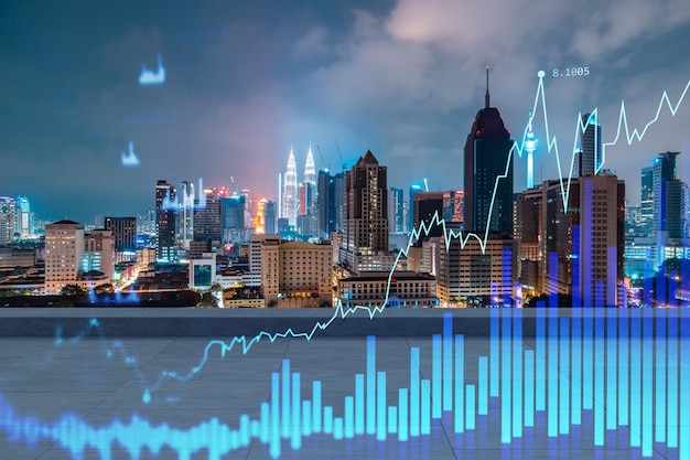 Rooftop with concrete terrace Kuala Lumpur night skyline Forecasting and business modeling of financial markets hologram digital charts City downtown Double exposure