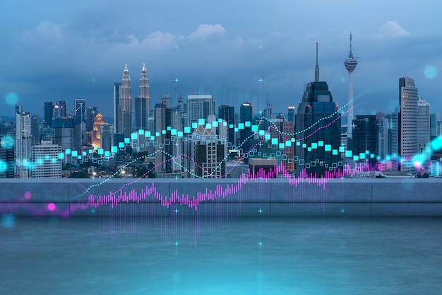 Rooftop with concrete terrace Kuala Lumpur night skyline Forecasting and business modeling of financial markets hologram digital charts City downtown Double exposure